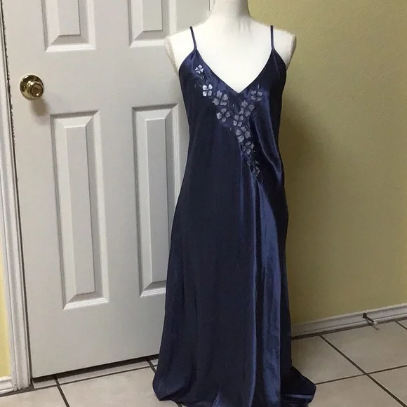 HALSTON BLUE EMBROIDERED MAXI SLIP DRESS M - Picture 2 of 11